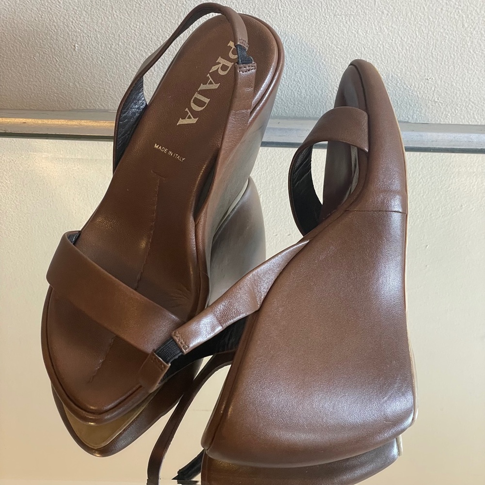 Prada
Brown Leather Slingback Wedge 
Sandals 
38.5 - Picture 3 of 16